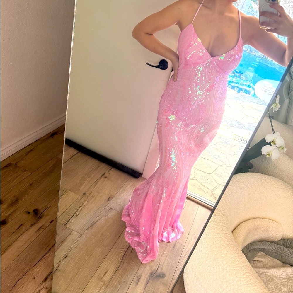Windsor Pink Backless Sequin Spaghetti Strap Gown Prom Wedding Dress